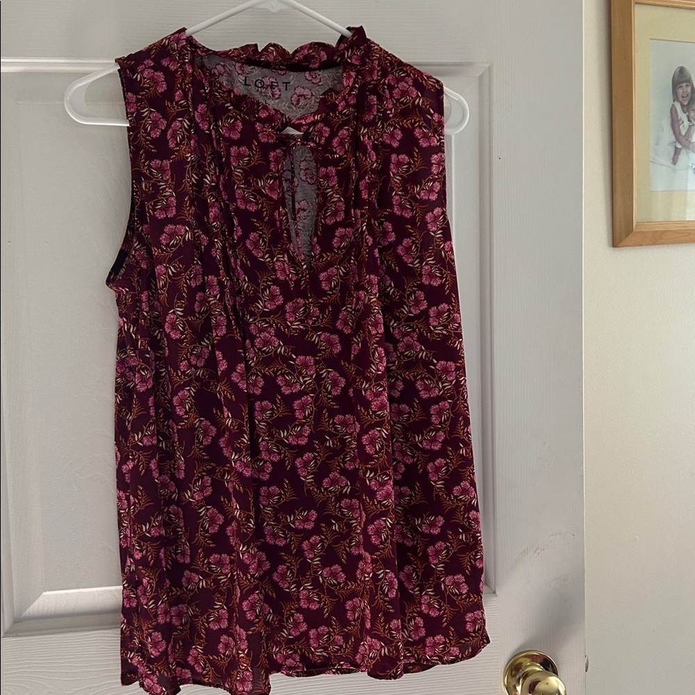 LOFT Maroon and Rose Floral Blouse